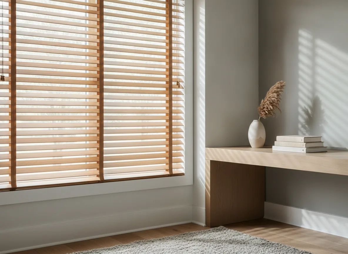 Custom wood blinds in a bright living room