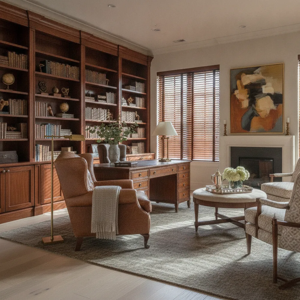 Wood blinds in a refined home office