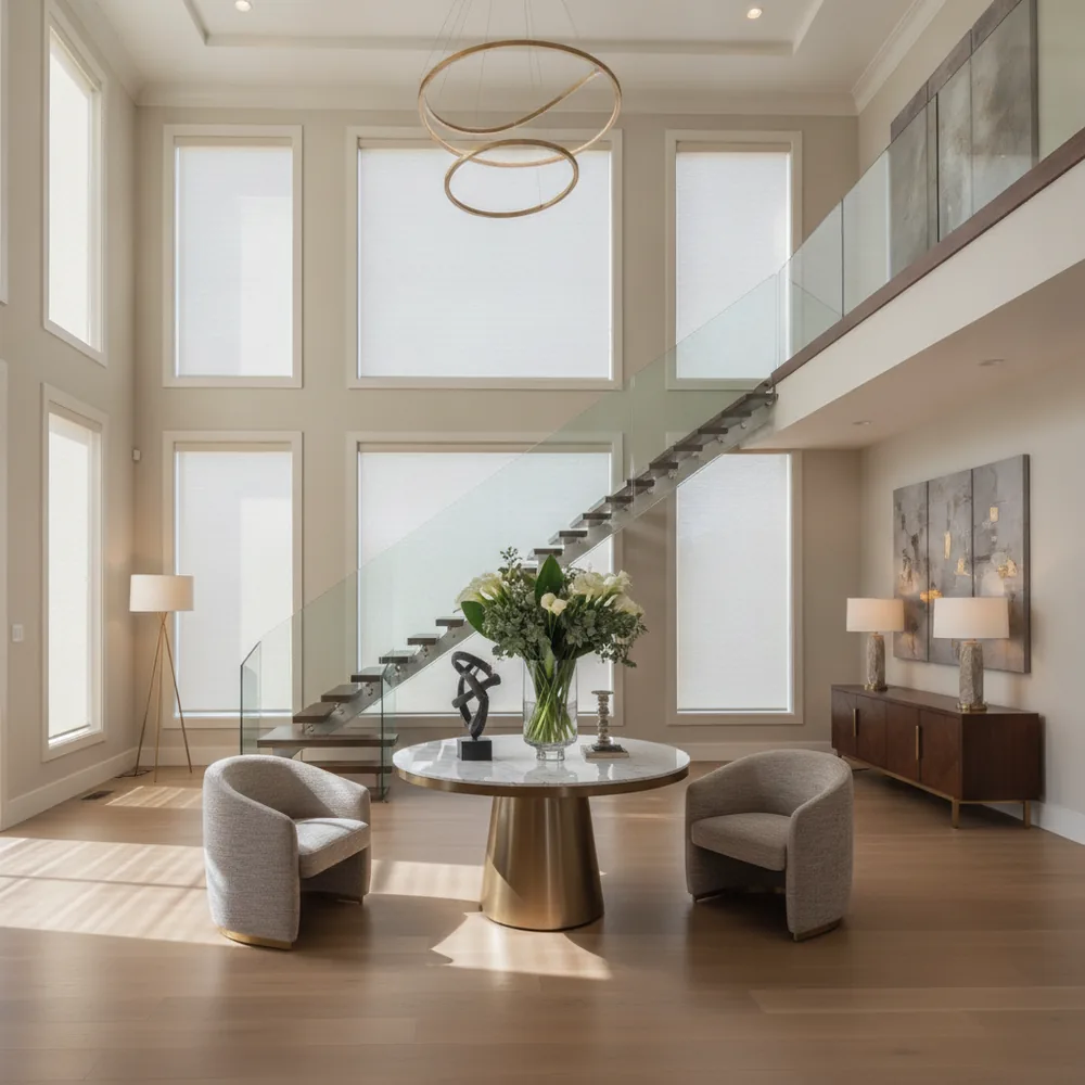 Roller shades on tall stairwell windows