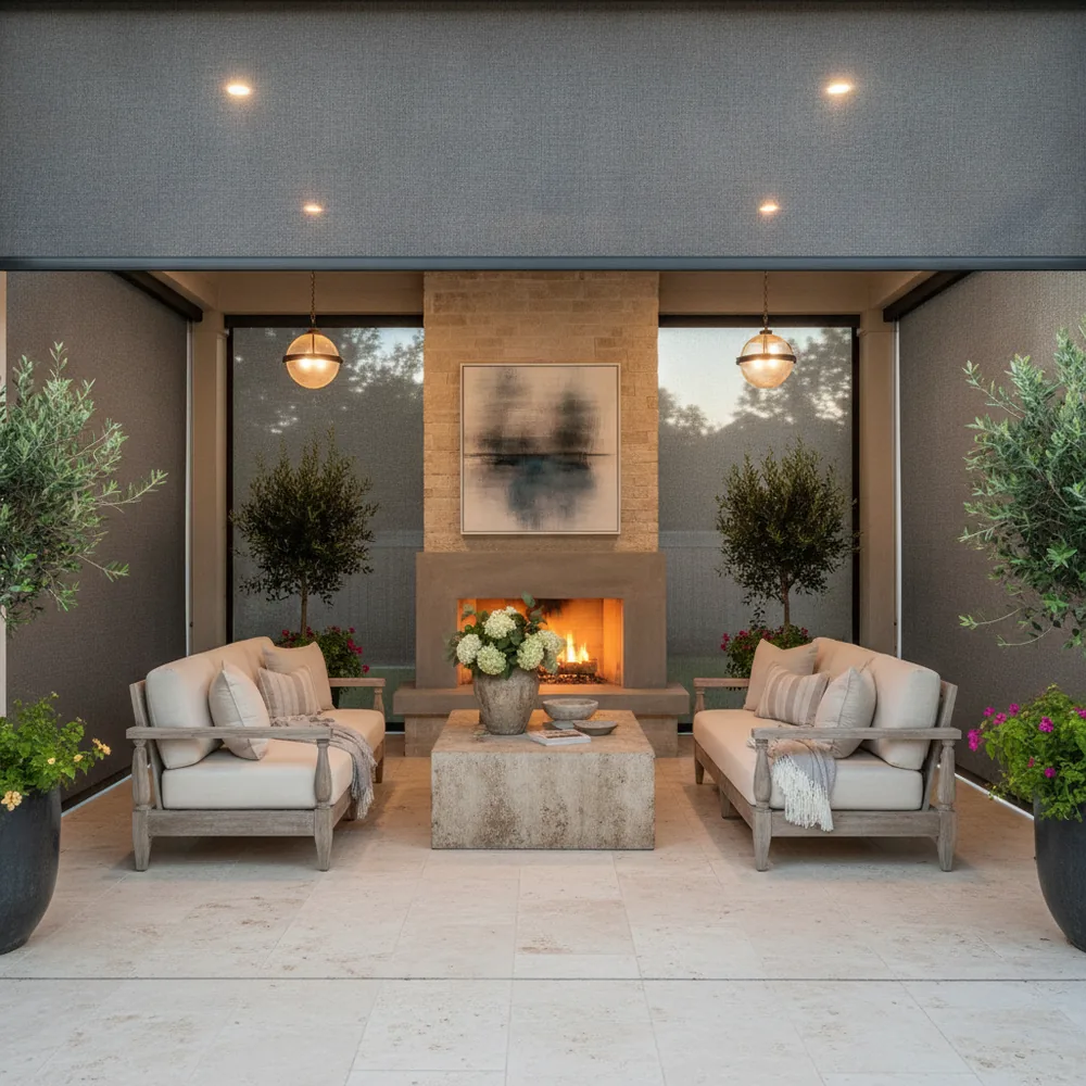 Outdoor roller screens on an upscale covered patio at dusk
