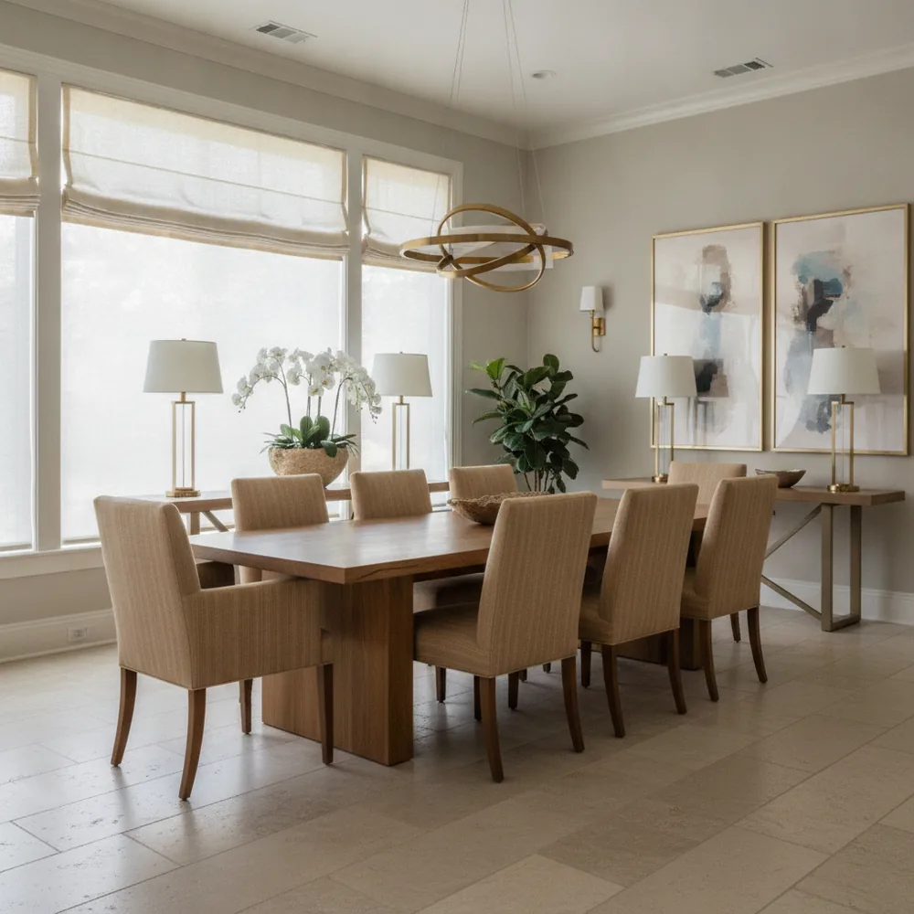 Roman and roller shades in an elegant dining room
