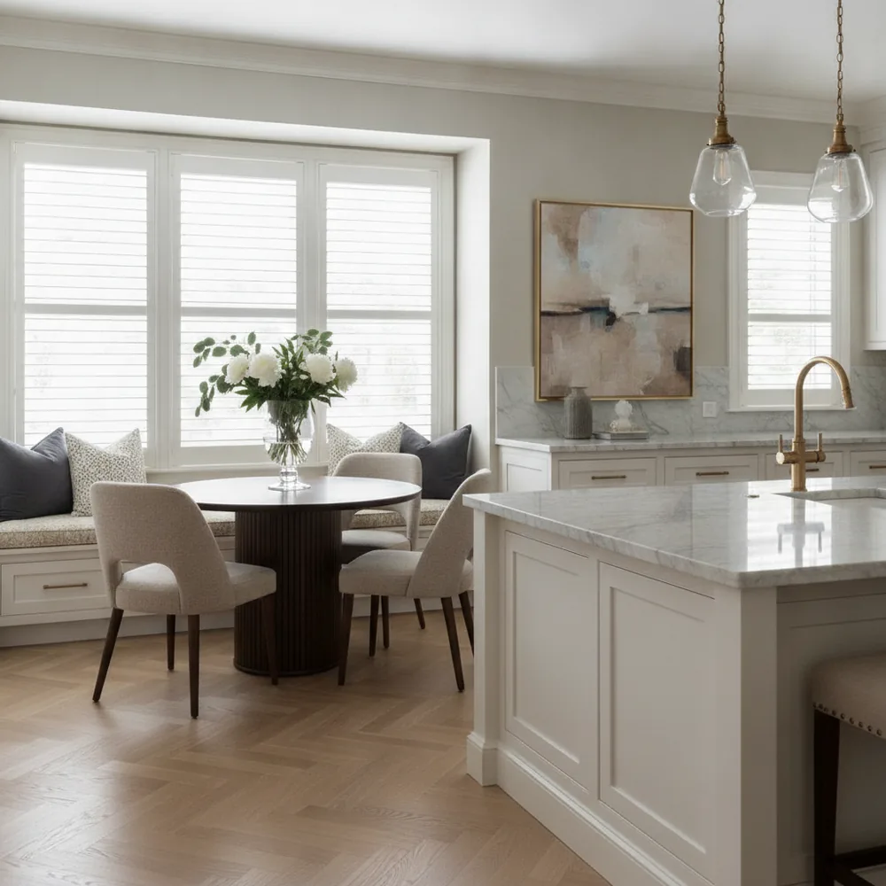 Plantation shutters in a designer kitchen nook