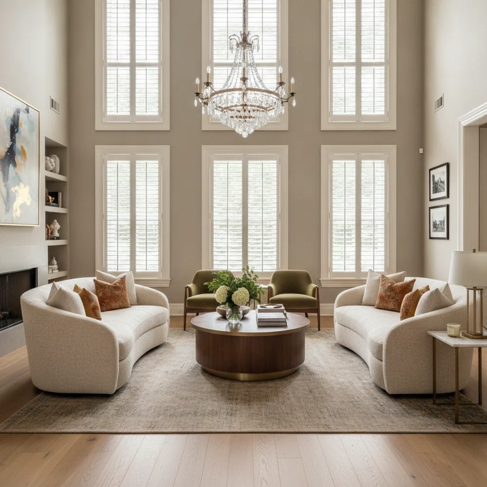 White plantation shutters in a luxury Prosper living room