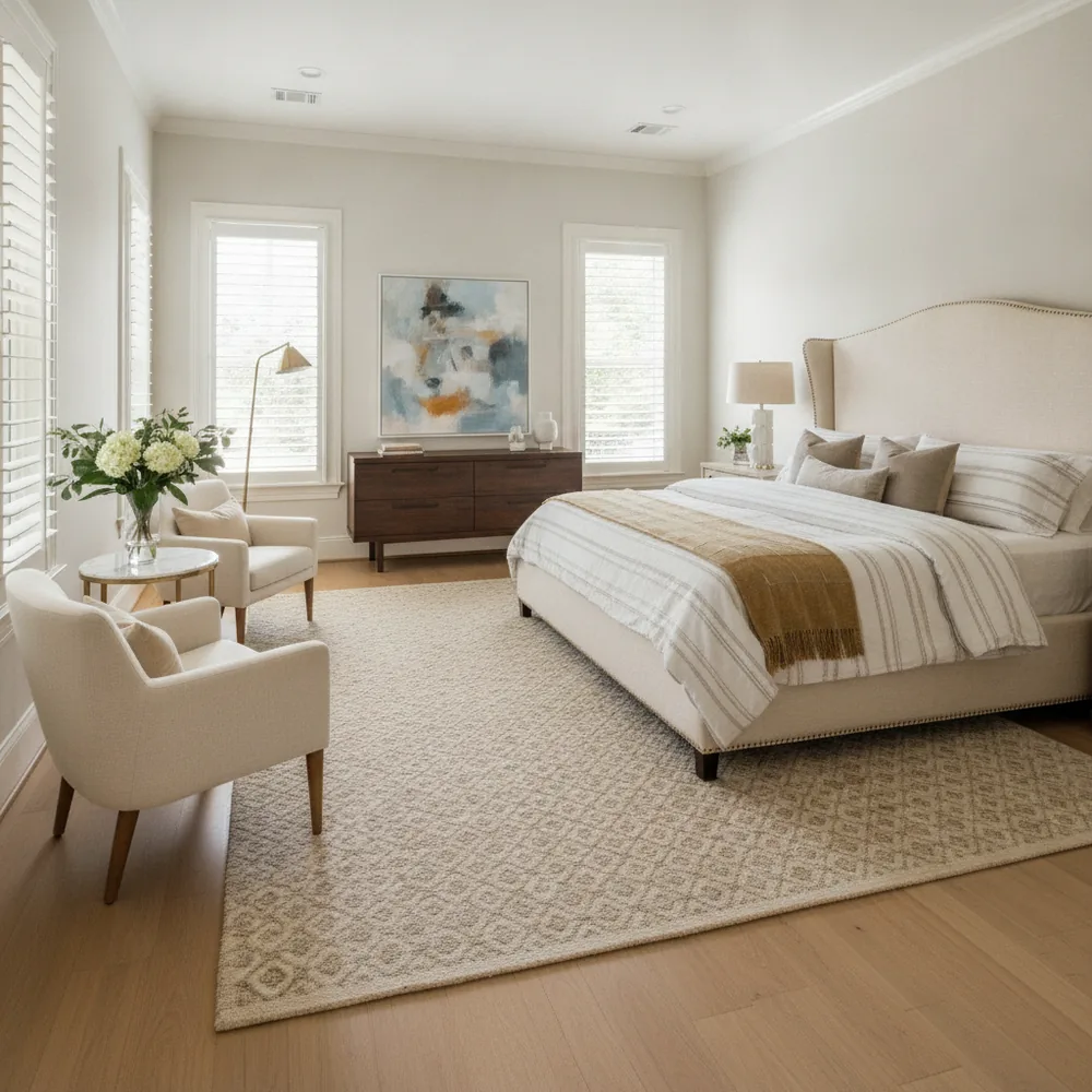 Plantation shutters in a serene primary bedroom