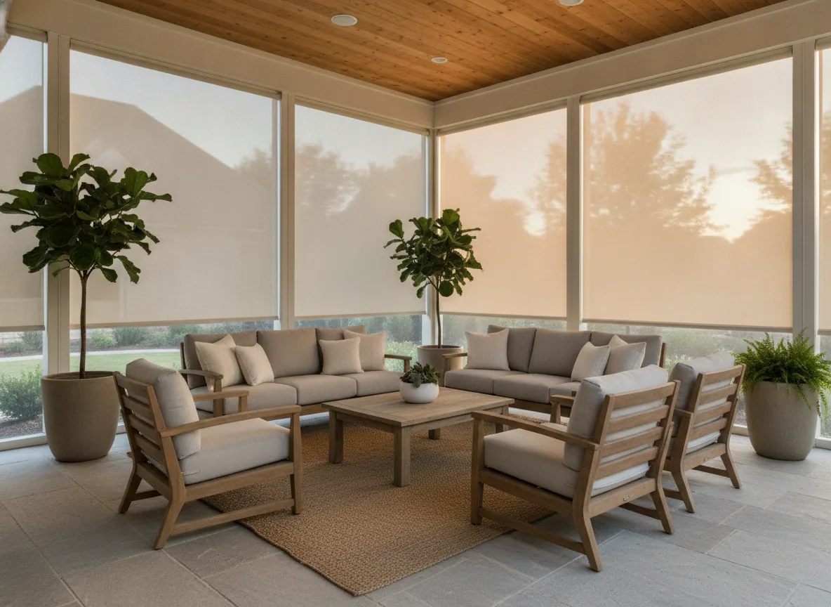 Exterior roller screen shades on a covered patio