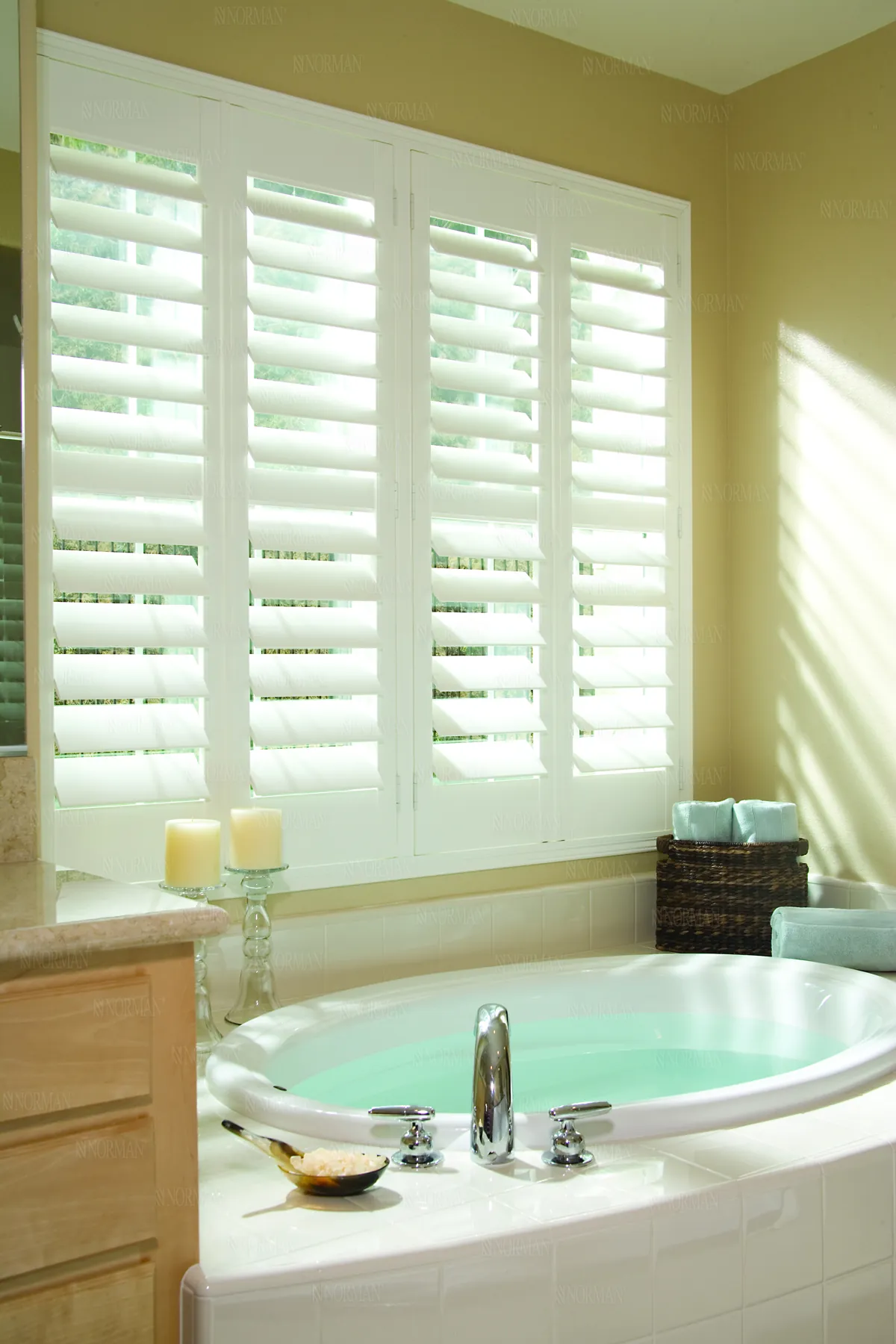 Custom plantation shutters with a view, installed by True Haven Design in North Dallas