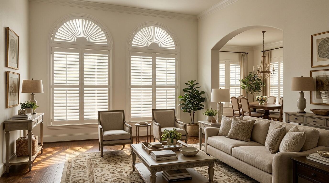 Formal living room in a North Texas home shot from inside, two tall windows each topped by a half-round arch, the rectangular sections fitted with operable white plantation shutters and each arch filled with a fixed sunburst shutter panel whose louvers fan out from the base of the curve