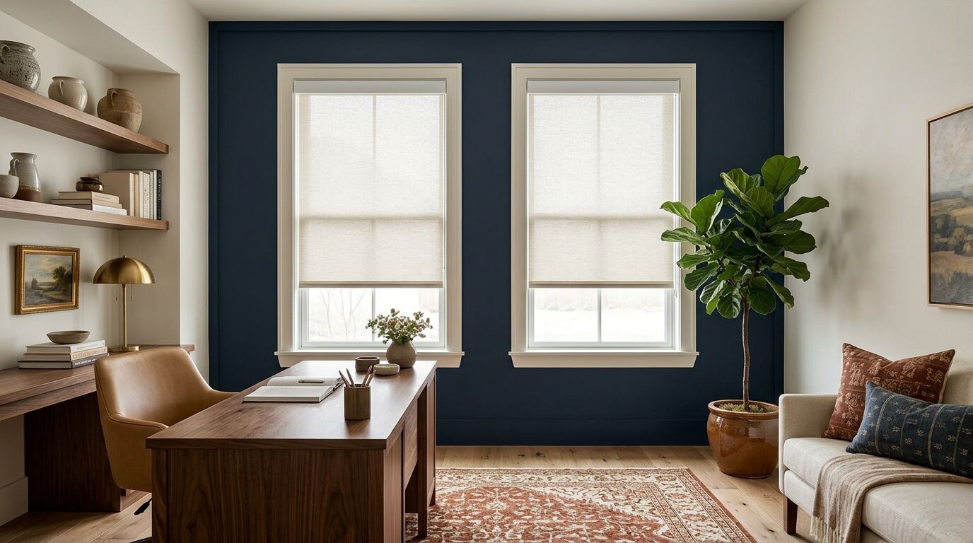 A navy blue home office with two side-by-side windows, each fitted with a matching oatmeal motorized roller shade lowered about two thirds of the way down, a walnut desk and tan leather chair beneath them, a rust patterned rug on oak flooring, built-in shelves holding pottery and books, and a fiddle leaf fig in a terracotta pot