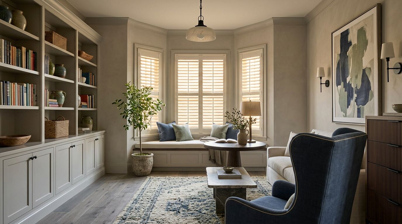 Family room reading corner with a three-sided bay window, each section covered by matching white plantation shutters, with a built-in window seat below
