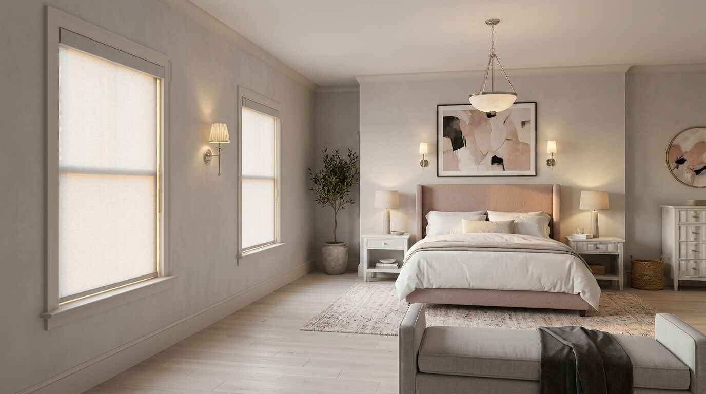 Primary bedroom with a king bed and two tall windows on the left wall covered by matching room-darkening roller shades with side channels, soft morning light glowing through the fabric