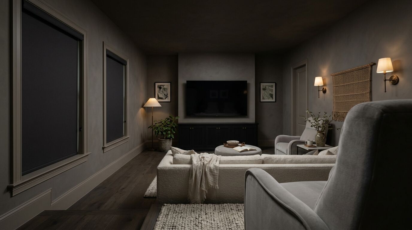 Home media room with a large switched-off television mounted above a built-in media cabinet on the far wall, an ivory sofa and two reclining lounge chairs facing it, charcoal walls, and two matching windows on the left fully covered by charcoal roller shades