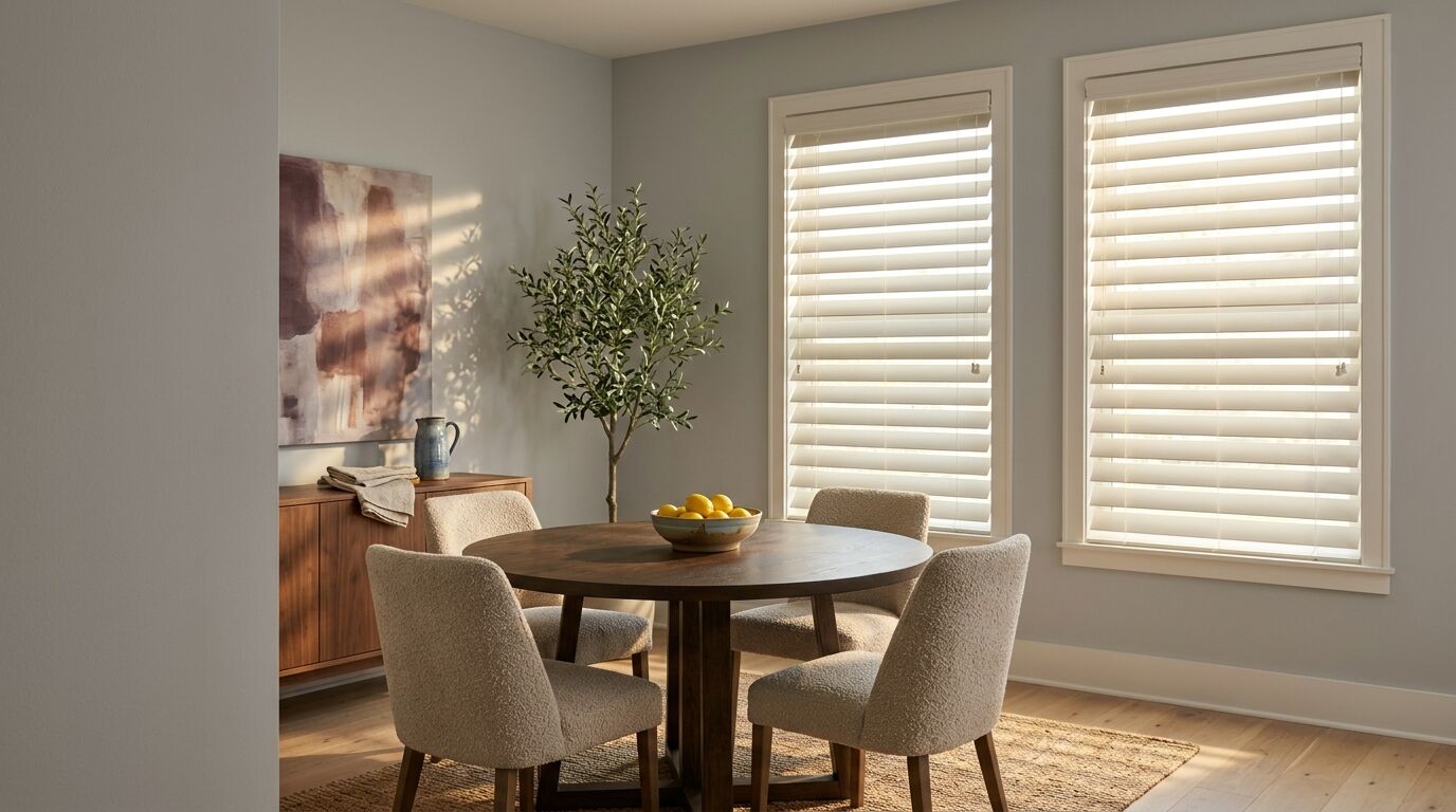 Breakfast nook in a North Texas home with a sage green wall and a dark oak dining table, two matching tall windows fitted with white faux wood blinds whose wide slats are tilted open to the same angle, beside a walnut sideboard and a potted olive tree, with no other windows or openings in view