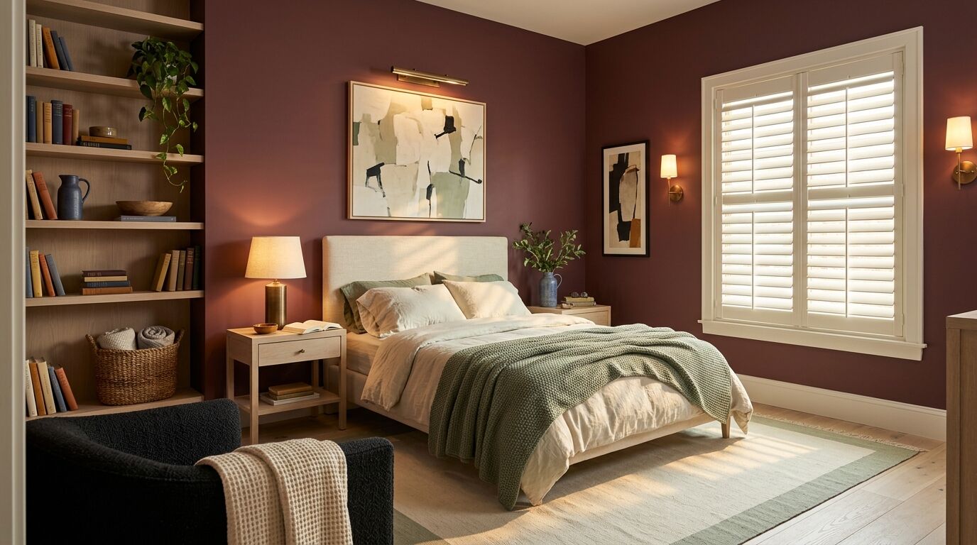 A guest bedroom in a newly built North Texas home shot diagonally from the bedroom door, with deep claret walls, pale limed oak flooring and one window on the right hand wall fitted with white hardwood plantation shutters, both panels closed across the opening and every louver tilted open to warm late afternoon light, the white shutter frame matching the crisp warm white window casing, sill and baseboards exactly, a lit antique bronze sconce on the wall either side of the window and a framed abstract beside the nearer one, a queen bed against the far wall with a cream linen headboard and rumpled cream and sage bedding under a large abstract canvas lit by a bronze picture light, mismatched bedside tables carrying a lit bronze lamp, an ochre dish, an indigo jug of green branches and a book lying open face down, built-in limed oak shelving on the left wall holding books in many different spine colours and heights with pottery, a basket and a trailing green plant, and a black upholstered reading chair with a cream throw in the near foreground.