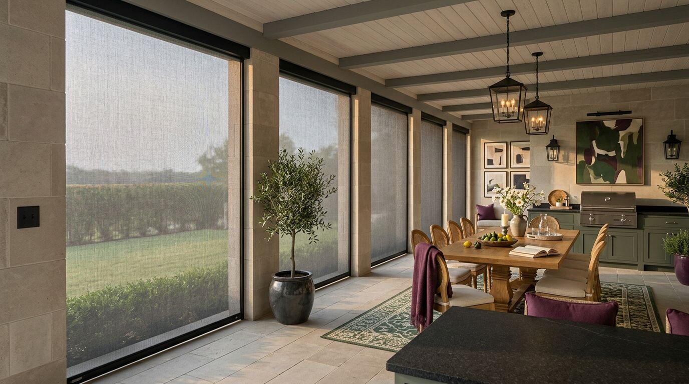 A covered outdoor kitchen and dining terrace in a newly built North Texas home, photographed from beside the counter looking diagonally down the length of the terrace, with all five bays between pale limestone piers filled from top to bottom by the same charcoal exterior roller screen lowered all the way to the stone paving, the lawn and a low hedge showing hazy through the open weave of the mesh, a plain matte black wall control plate surface mounted at switch height on the nearest pier, a whitewashed tongue-and-groove ceiling on soft grey green painted beams running the width of the frame, a honey toned oak dining table with cane back chairs and cream cushions on a deep green and cream patterned rug, a plum wool throw dropped over one chair, a wooden bowl of green figs and lemons, a stoneware jug of white flowers, a lit candle, a glass carafe on a woven tray and an open book on the table, deep sage green outdoor kitchen cabinetry with a honed black granite counter and a built-in grill along the back wall beneath a large green and plum abstract canvas in a black frame lit by a picture light between two black lantern sconces, a grouping of framed abstract works on the return wall, a mature olive tree in a charcoal glazed pot in the foreground and herbs in a plum glazed pot by the counter, and black lantern pendants glowing over the table in warm late afternoon light