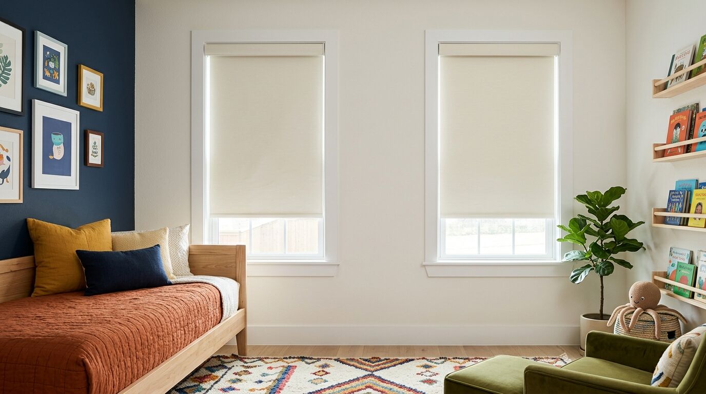 Colourful child's bedroom in a North Texas home seen from inside the room, two matching windows on a white wall each fitted with an inside-mounted cordless cream roller shade hanging from the top of the frame with no cords or chains anywhere, a deep navy accent wall hung with bright framed prints, a wooden daybed with a rust quilt and mustard cushions set against that wall away from the windows, a patterned kilim rug, an olive green chair and ledges of picture books