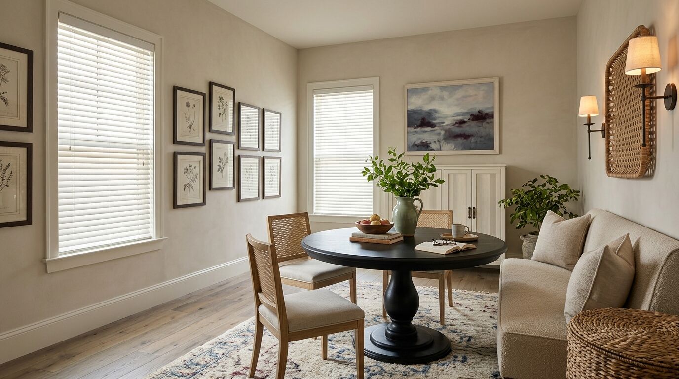 Sunny morning room beside a kitchen with one tall window on the left wall and a second window on the far wall, both in matching white casing and fitted with white faux wood blinds tilted open, a round black lacquered table with cane chairs, an oatmeal banquette, a white hutch and framed botanical prints