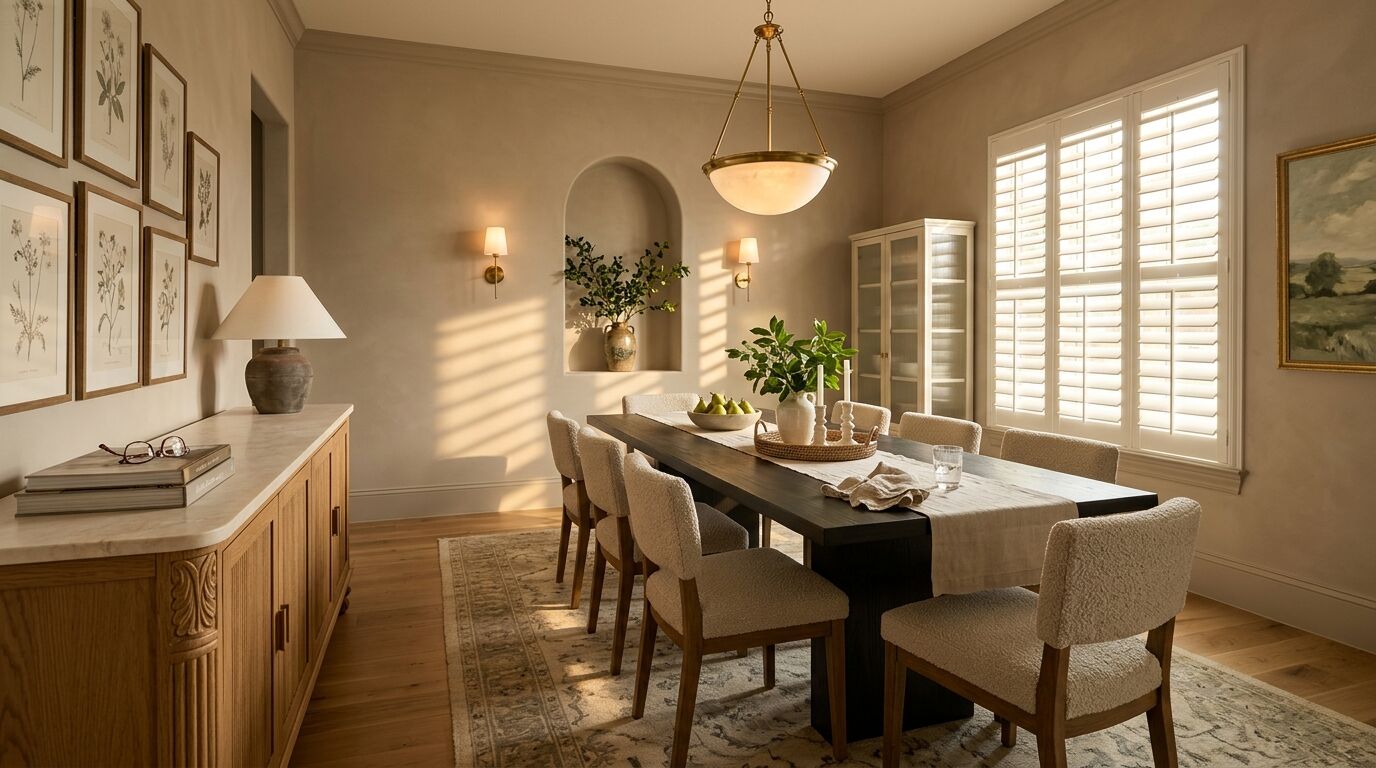 A formal dining room in a newly built North Texas home, shot from the corner past a honey oak sideboard and across a dark ash dining table toward one wide window fitted with white plantation shutters, louvers tilted open to let golden light across the table, with mushroom taupe walls, boucle chairs and a brass pendant