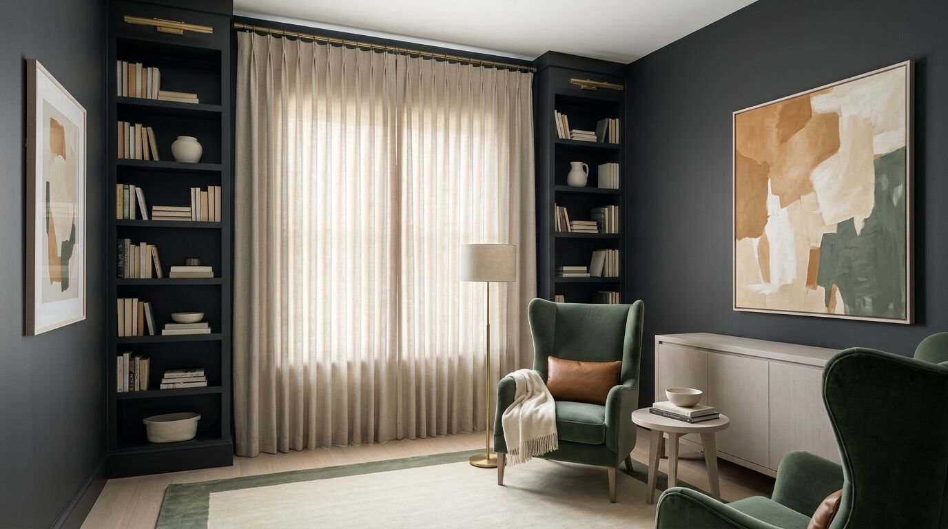 A home library in a newly built North Texas home with deep charcoal walls and matching floor-to-ceiling charcoal bookshelves flanking a pair of floor-length oatmeal linen drapery panels drawn fully closed on a slim brass rod hung close to the ceiling, daylight glowing softly through the closed fabric, two sage green velvet wing chairs with a caramel leather cushion and a cream throw, a slim brass floor lamp, a pale ash cabinet below one oversized abstract canvas in caramel, cream and sage, a framed print on the nearer wall, and a cream and sage bordered rug over pale ash flooring