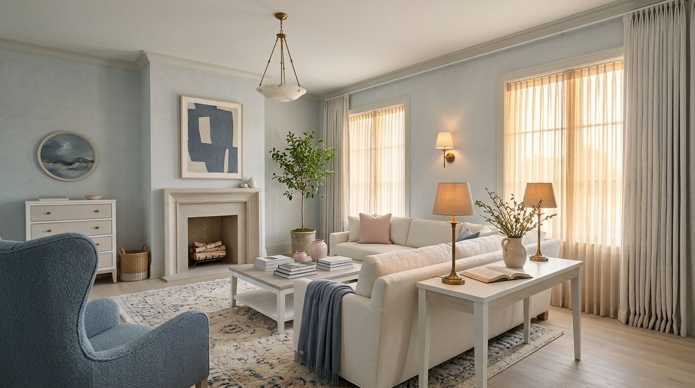 Formal living room with two tall windows covered by sheer ripplefold drapery hanging from a flush ceiling track, heavier linen panels stacked at the sides