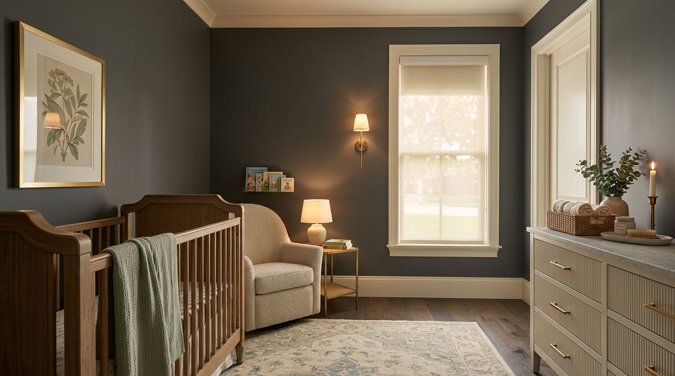 A nursery in a newly built North Texas home, photographed from beside the crib looking diagonally across the room toward a tall window fitted with a dual roller shade, its visibly deep double cassette headrail housing two rollers, an ivory sheer fabric lowered and glowing with warm daylight and a softly blurred lawn and tree canopy showing through it, dark stained oak flooring, deep smoky charcoal walls, a natural wood crib with a sage knit blanket, an oatmeal boucle glider chair, a fluted warm white dresser with brushed brass hardware and a honed marble top, a framed botanical print in a brass frame, a brass sconce and a ceramic lamp both glowing warm, and a hand knotted rug in cream, sage and dusty blue