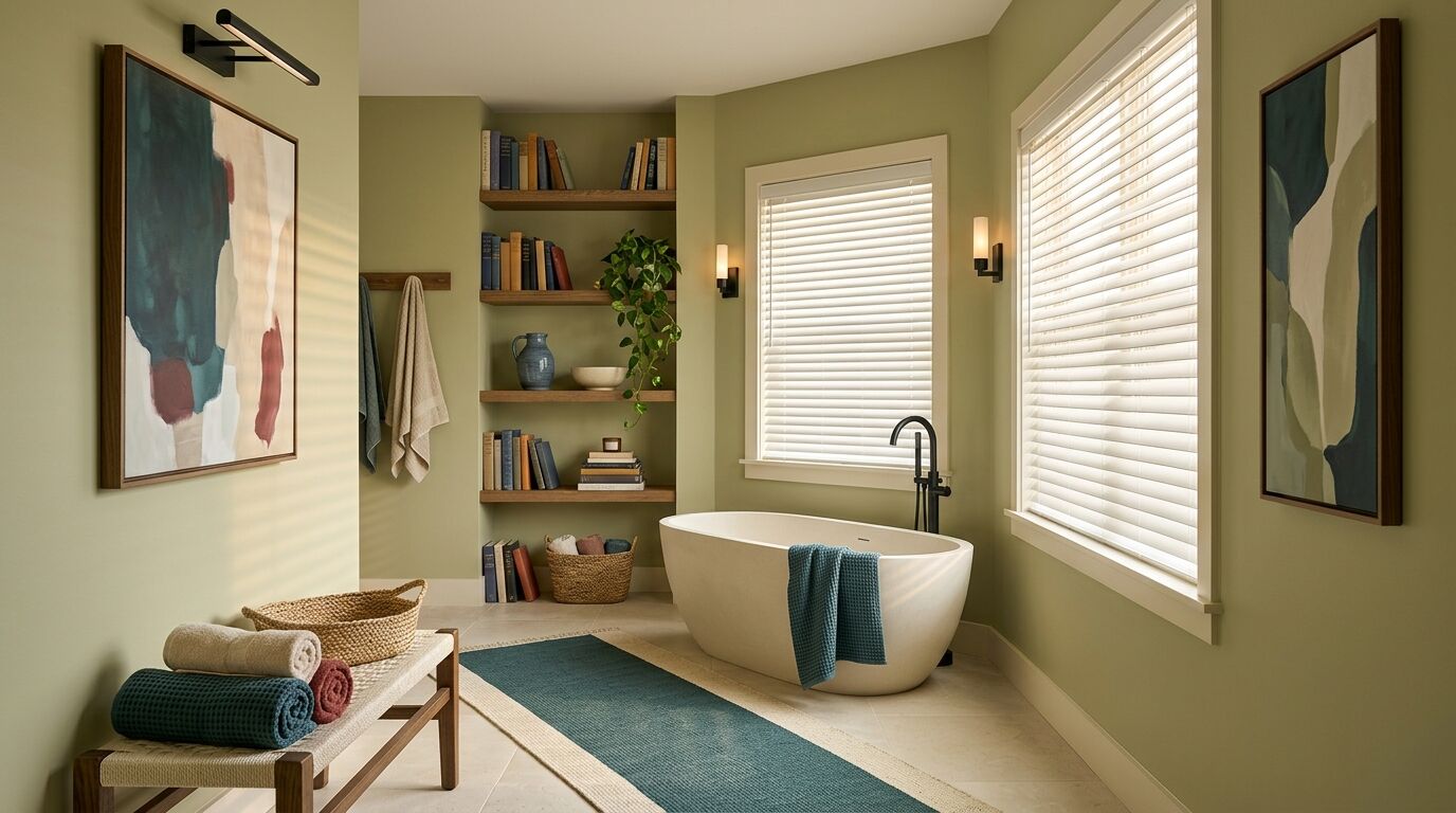 A primary bathroom in a newly built North Texas home shot at an angle from the doorway, with soft olive green walls and two windows on adjoining walls either side of the room corner, both fitted with the same white two inch faux wood blinds lowered fully to the sill with the slats tilted open and warm afternoon light coming through, a freestanding off-white tub with a matte black floor-mounted filler and a deep teal waffle towel over its rim, built-in oak shelves in a niche carrying mixed books, a slate blue jug, a cream bowl, a basket of rolled washcloths and a trailing plant, an oversized abstract canvas in teal, oxblood and cream under a matte black picture light on the left wall with a towel rail beside it, a tall narrow abstract on the right wall, and rolled teal, cream and oxblood towels on an oak bench in the foreground beside a teal and cream runner over warm pale stone tile