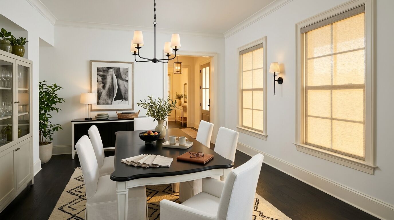 White dining room with a dark table holding fabric swatch cards and a leather portfolio, two tall matching windows with light-filtering roller shades lowered, and a wide opening to a hallway and front door beyond