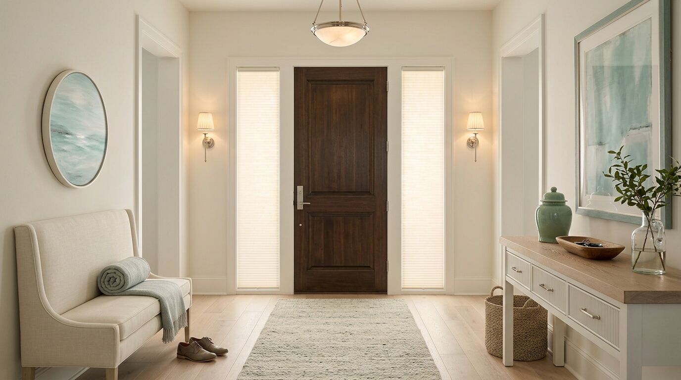 Interior of a front entry seen from inside, with a dark solid wood door flanked by two identical tall narrow sidelights, each covered by a glowing warm white cellular shade, lit sconces beside them, a console table and artwork on the right wall and an upholstered bench on the left