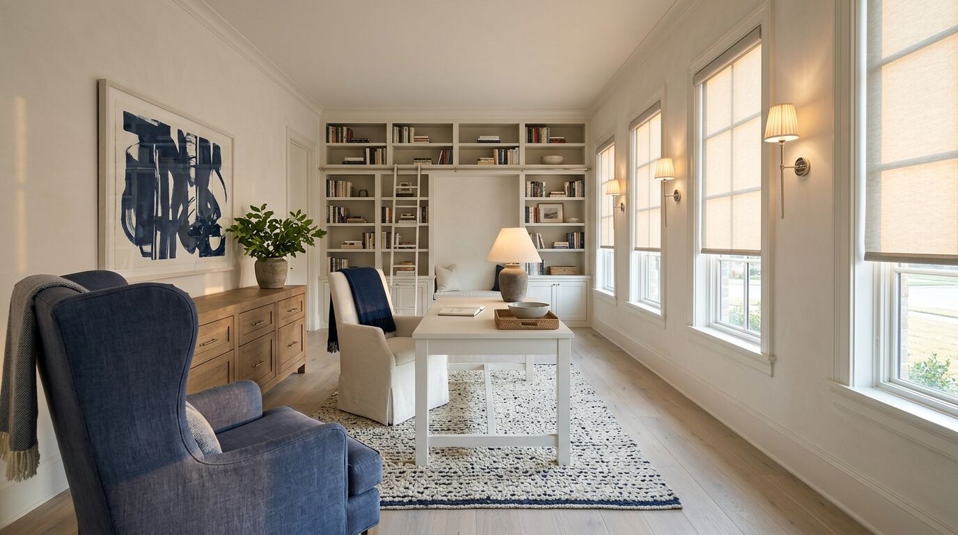 Home library and study with a row of matching oatmeal roller shades hanging from the top of tall windows along one wall, lit sconces between the windows, built-in white bookcases with a rolling ladder, a white desk and a blue wing armchair in the foreground
