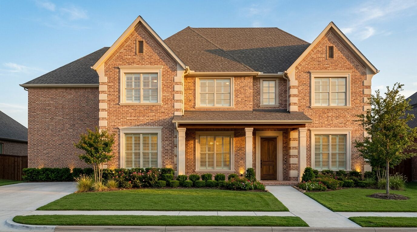 A large newly built two storey brick home in a North Texas suburb photographed from the street at golden hour, with every window across the front elevation on both floors fitted with the same white plantation shutters seen through the glass from outside, panels closed and louvers tilted, each window glowing warmly from the lamps inside so the white louvers read clearly and the whole front of the house looks uniform from the curb, cream cast stone surrounds and quoins, a deep covered front porch on cast stone columns with a stained timber ceiling and a solid stained timber front door, clipped boxwood and flowering shrubs in the foundation beds, young ornamental trees on a deep green lawn, and low landscape uplighting washing the brick