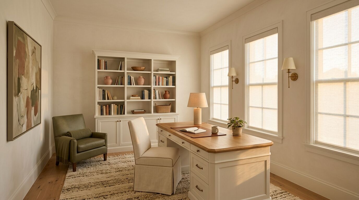 Home office with a large wooden desk and upholstered chair beside three tall windows on the right wall, each covered by an identical off-white roller shade lowered to the sill and glowing with warm afternoon light, lit sconces between them, a wide built-in bookcase on the plain far wall and a green armchair on the left
