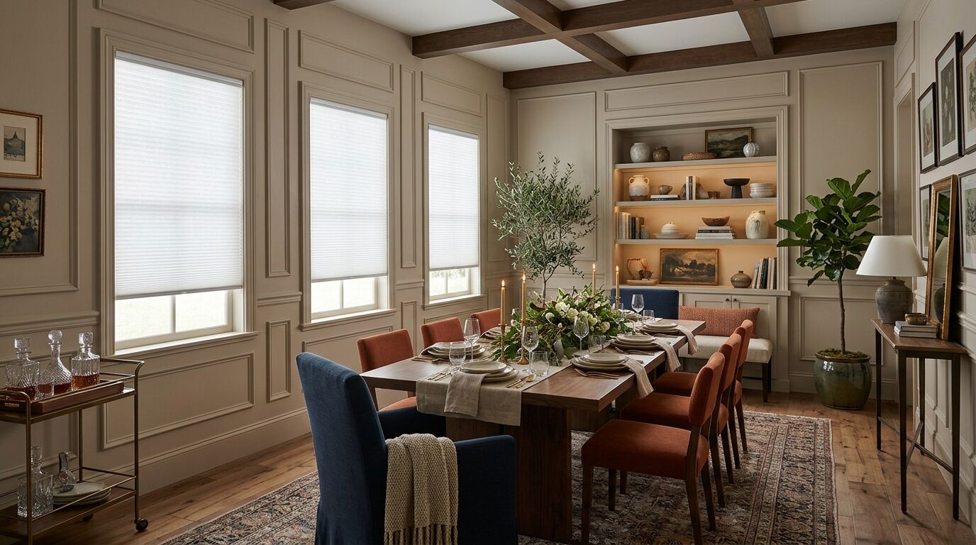 Panelled dining room in a North Texas home with three matching windows along one wall, each fitted with the same white cellular honeycomb shade hanging from the top of the opening and lowered most of the way down so the pleated cell texture glows against the daylight, with a beamed ceiling, a lit built-in cabinet, a walnut table set for dinner and navy and rust upholstered chairs on an antique rug