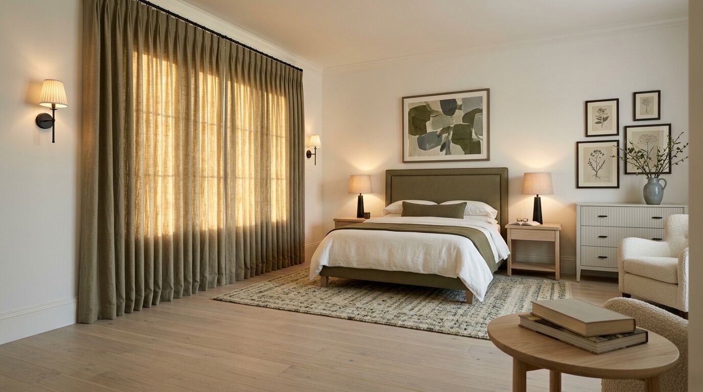 Primary bedroom with one window wall covered by full-length olive linen pinch pleated drapery drawn closed in deep, even folds with warm afternoon light glowing through, a lit sconce beside it, an upholstered bed with a framed abstract above, a fluted white chest of drawers, a cream boucle armchair and a round side table with books in the foreground