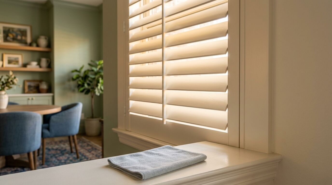 White hardwood plantation shutter with wide louvers tilted open in warm afternoon light, a folded grey microfibre cloth resting on the deep white window sill, and a sage green breakfast nook with blue upholstered chairs and open shelving softly out of focus behind