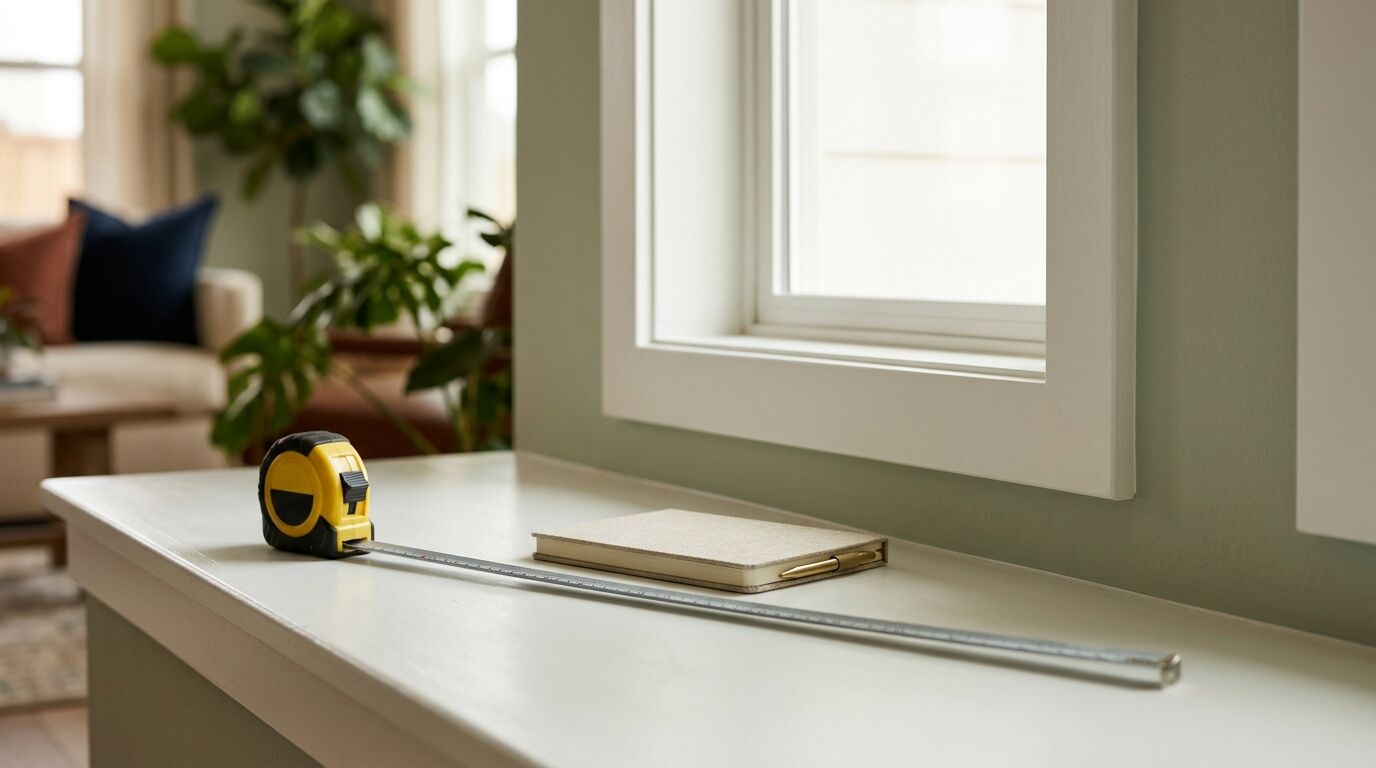 Close view of a yellow steel tape measure lying flat with its blade fully extended straight along the wide white painted sill of a bare window, a small notepad and pen beside it, warm daylight raking across the sill and a softly blurred sage green room behind