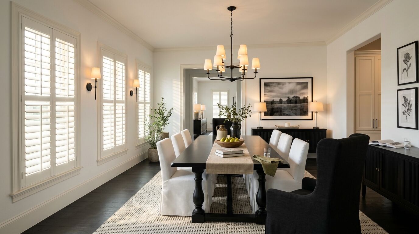 Formal dining room shot from the entry arch, with a long black pedestal dining table, white slipcovered chairs and a charcoal wing chair in the foreground, three matching tall windows along the left wall fully covered by white plantation shutters with louvers tilted open, warm afternoon light, lit sconces, a black reeded sideboard with a large black and white landscape above it, and a tall cream cabinet in an arch on the right