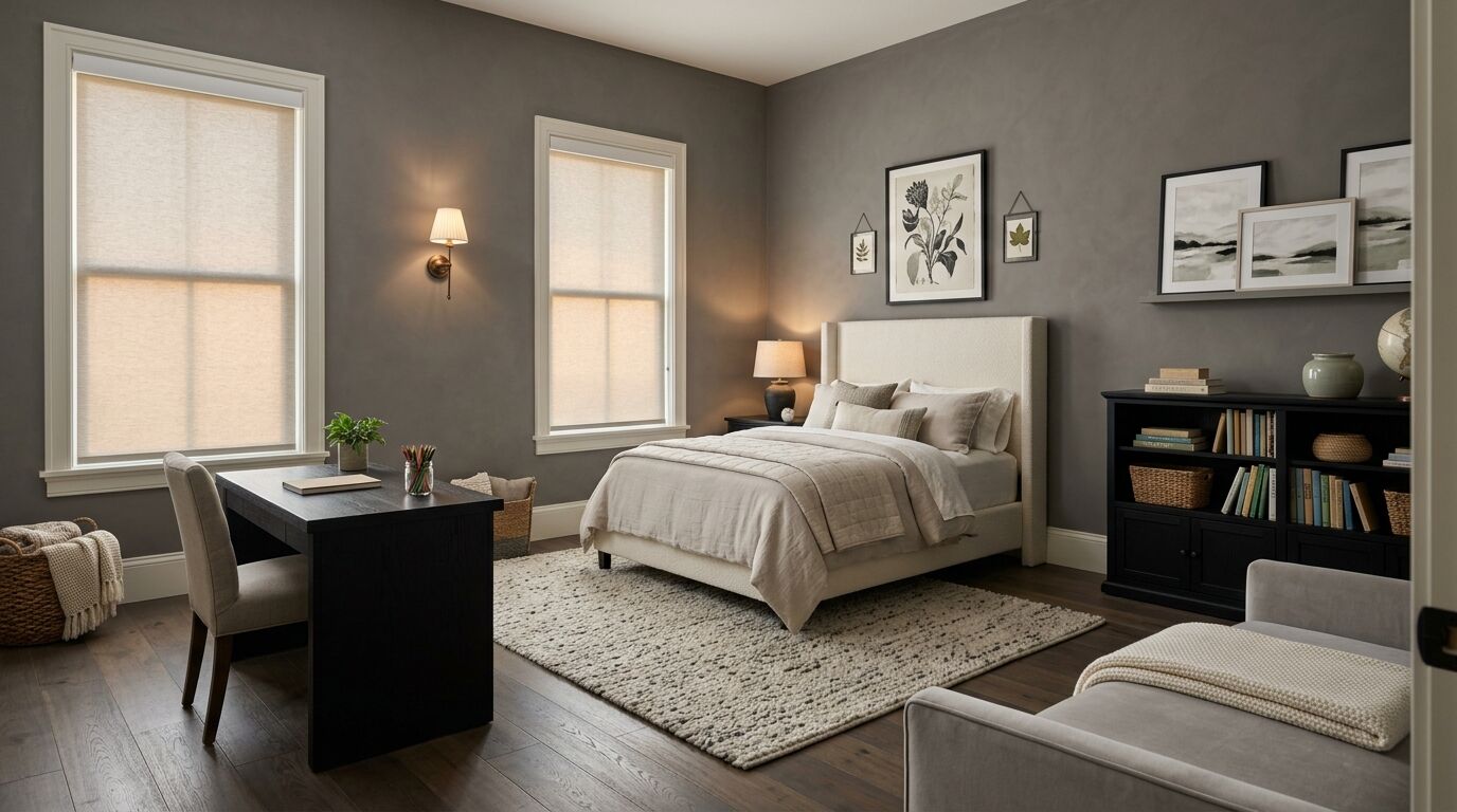 Child's bedroom with two tall windows on the far wall, each covered by a matching lowered cordless roller shade glowing with warm light, a full-size bed with an upholstered headboard, a desk, a bookcase and framed botanical prints