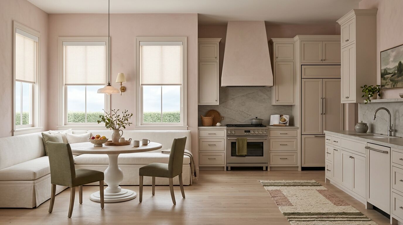 Open kitchen with a range, hood and panelled refrigerator on the far wall and a sink on the right, and a breakfast nook with a banquette and round table under windows that all carry matching roller shades lowered partway