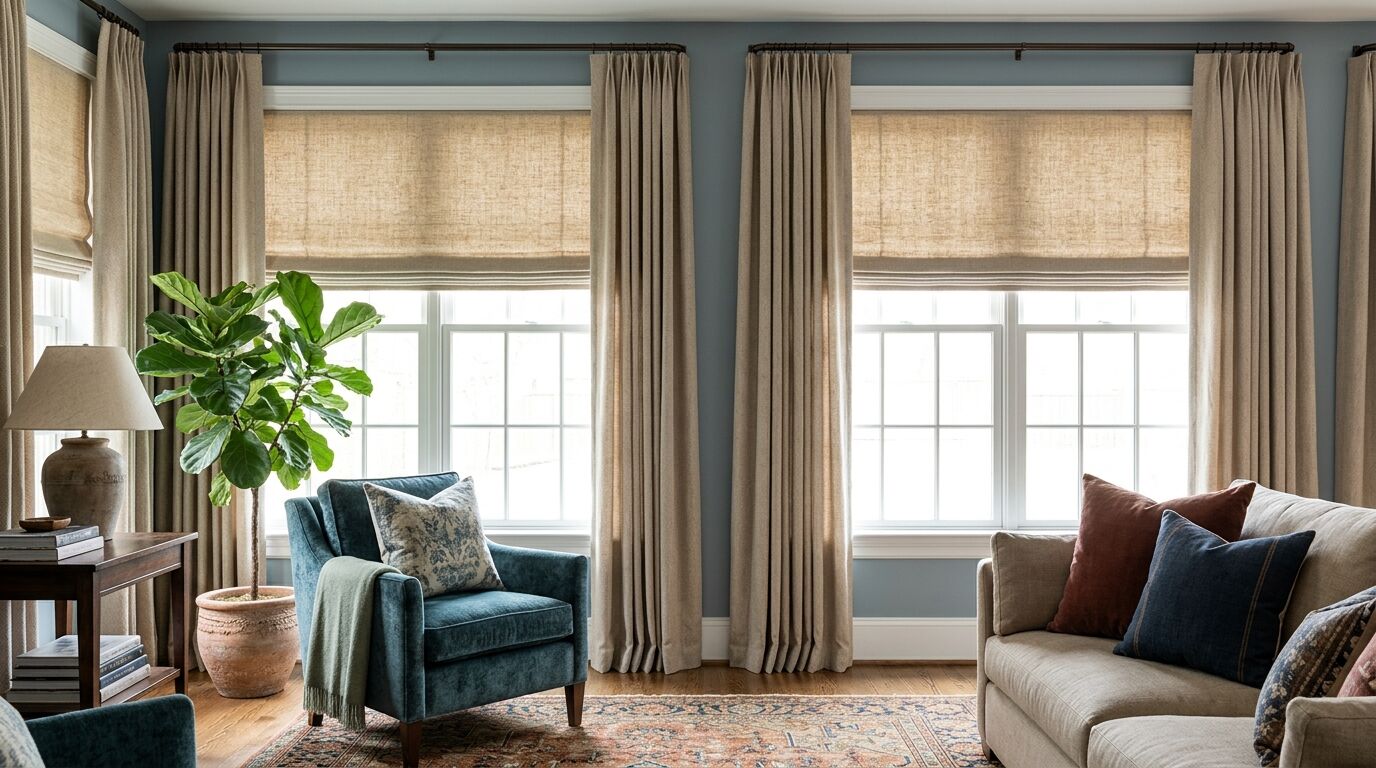 Living room with blue-gray walls and two windows, each fitted with a natural woven roman shade hanging from the top of the opening and lowered partway, and floor-length linen drapery panels on dark rods mounted near the ceiling that stack clear of the glass on both sides, with a teal velvet armchair, a linen sofa and a patterned rug