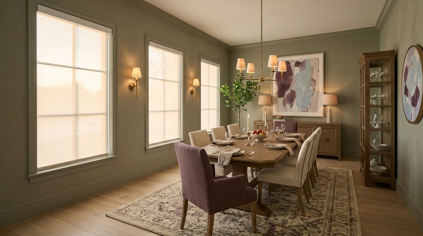 Formal dining room with three tall windows on the left wall, each covered by a matching lowered roller shade glowing with warm light, a set dining table, chandelier and sideboard with a lit lamp