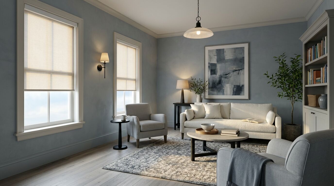 Blue-grey sitting room with two tall windows on the left wall, each with a matching light-filtering roller shade lowered two thirds of the way, a cream sofa and bookcase beyond