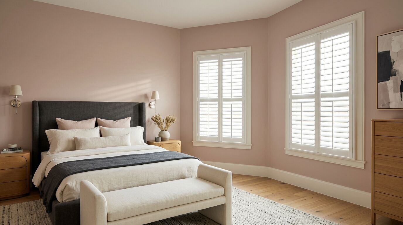 A primary bedroom in a newly built North Texas home shot at an angle from the doorway, with soft clay rose walls and two windows on adjoining walls either side of the room corner, both fitted with the same white plantation shutters with louvers tilted open, a low bed with a tall charcoal upholstered headboard and ivory linen bedding running away from the camera, a cream bench at its foot, honey oak nightstands and chest of drawers, polished nickel wall sconces and a cream and charcoal wool rug over honey oak flooring
