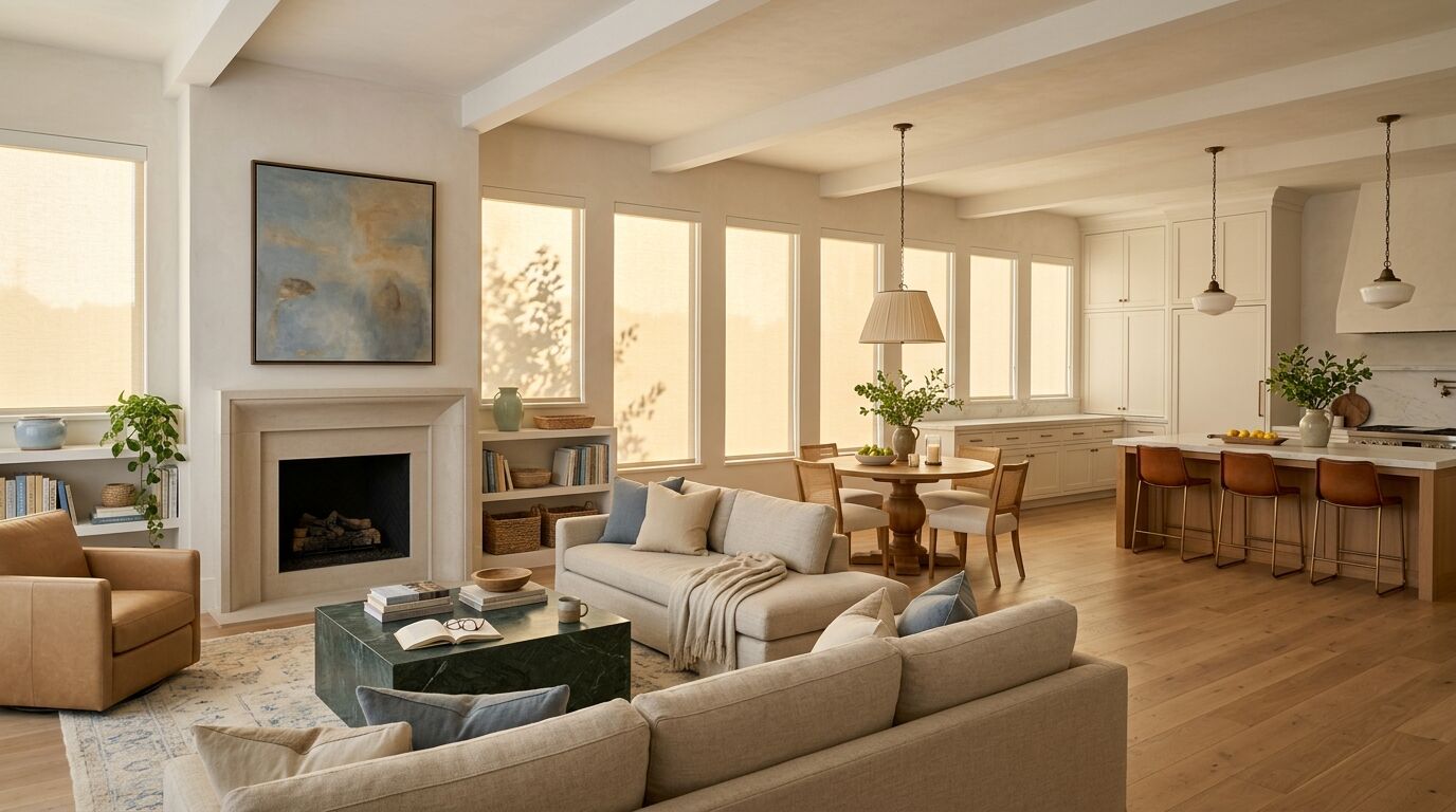 A large open plan great room in a newly built North Texas home combining a family room, a breakfast nook and a kitchen under one beamed ceiling, with warm white plaster walls, wide plank natural white oak flooring and a long run of tall windows across the back and side walls, every one fitted with the same ivory light-filtering roller shade lowered fully so no bare glass shows, warm late afternoon sun glowing through them with leafy shadows falling across two, a limestone fireplace under a muted dusty blue and sand abstract with open bookshelves either side, an oatmeal linen sectional with cream and dusty blue cushions around a green marble coffee table on a soft cream and blue rug, a camel leather armchair, a round wood pedestal table with cream cane back chairs under a pleated linen pendant in the breakfast nook, and a warm white kitchen with closed upper cabinets to the ceiling, a plaster range hood, a white oak island with a marble top and cognac leather counter stools on the right