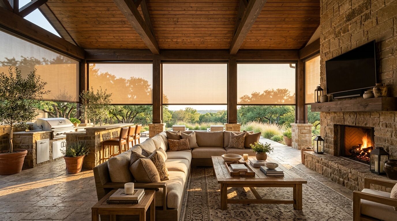 Covered outdoor living room of a luxury North Texas home with a stacked stone fireplace, built-in grill and deep sectional under a beamed wood ceiling, matching exterior solar screens lowered across every bay against low evening sun