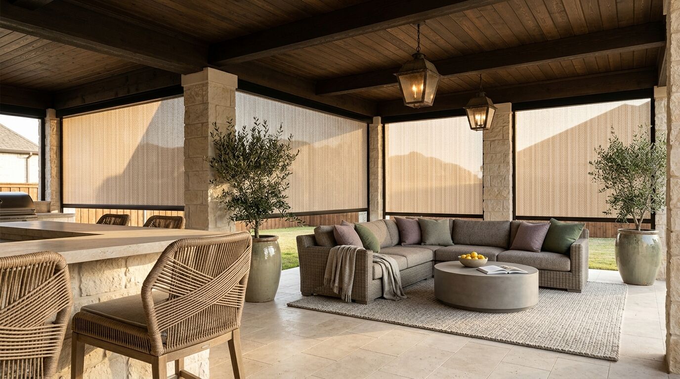 A covered outdoor living and kitchen space at a luxury North Texas home, shot from beside a stone bar counter with woven rattan stools, looking across a grey sectional and a round concrete fire table toward open bays fitted with the same tan exterior solar roller screen lowered to the travertine floor, a stained cedar beamed ceiling overhead, glazed planters with olive trees, warm late-afternoon light, and muted heather and moss green accents in the cushions and rug.