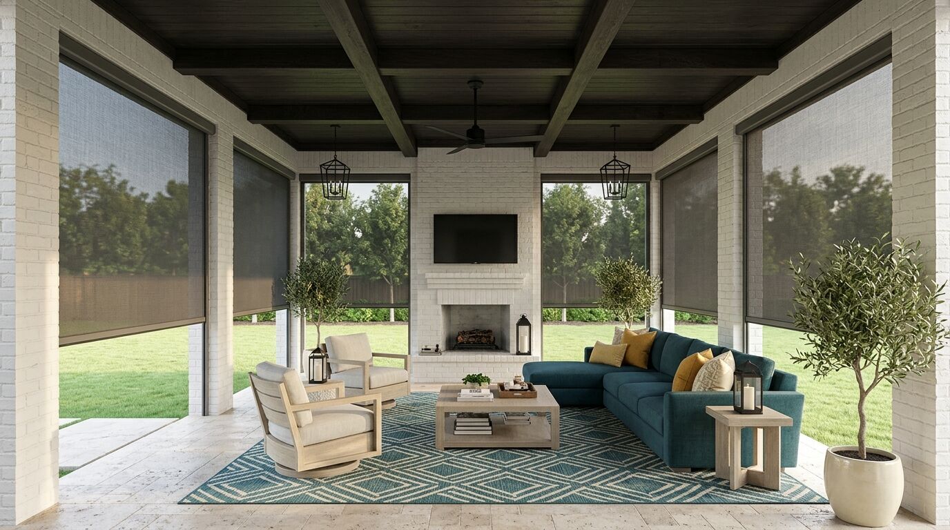A covered outdoor living room in a North Texas home under a dark stained beamed ceiling, with matching grey exterior solar screens lowered most of the way down every open bay between white painted brick piers, the lawn and trees visible through the open weave of the mesh and a band of clear lawn below each bottom rail, a deep teal sectional with mustard and cream cushions, pale limed oak swivel chairs and coffee table, a teal and cream geometric rug on travertine paving, black lantern pendants and a white brick fireplace with a television above it