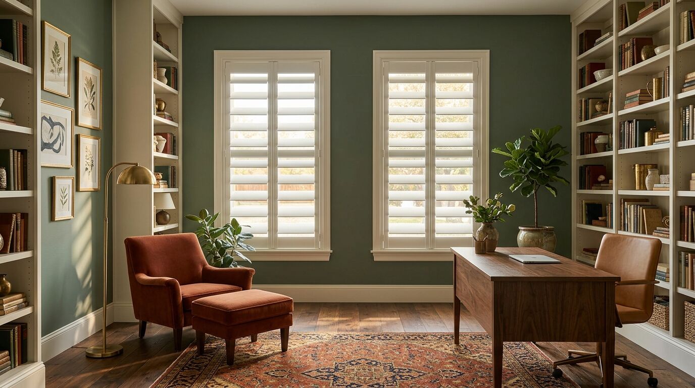 Home study in a North Texas home with deep green walls and white built-in bookcases, two matching tall windows fitted with the same white hardwood plantation shutters whose wide louvers are tilted open to the same angle, beside a walnut desk, a rust velvet chair and a patterned rug