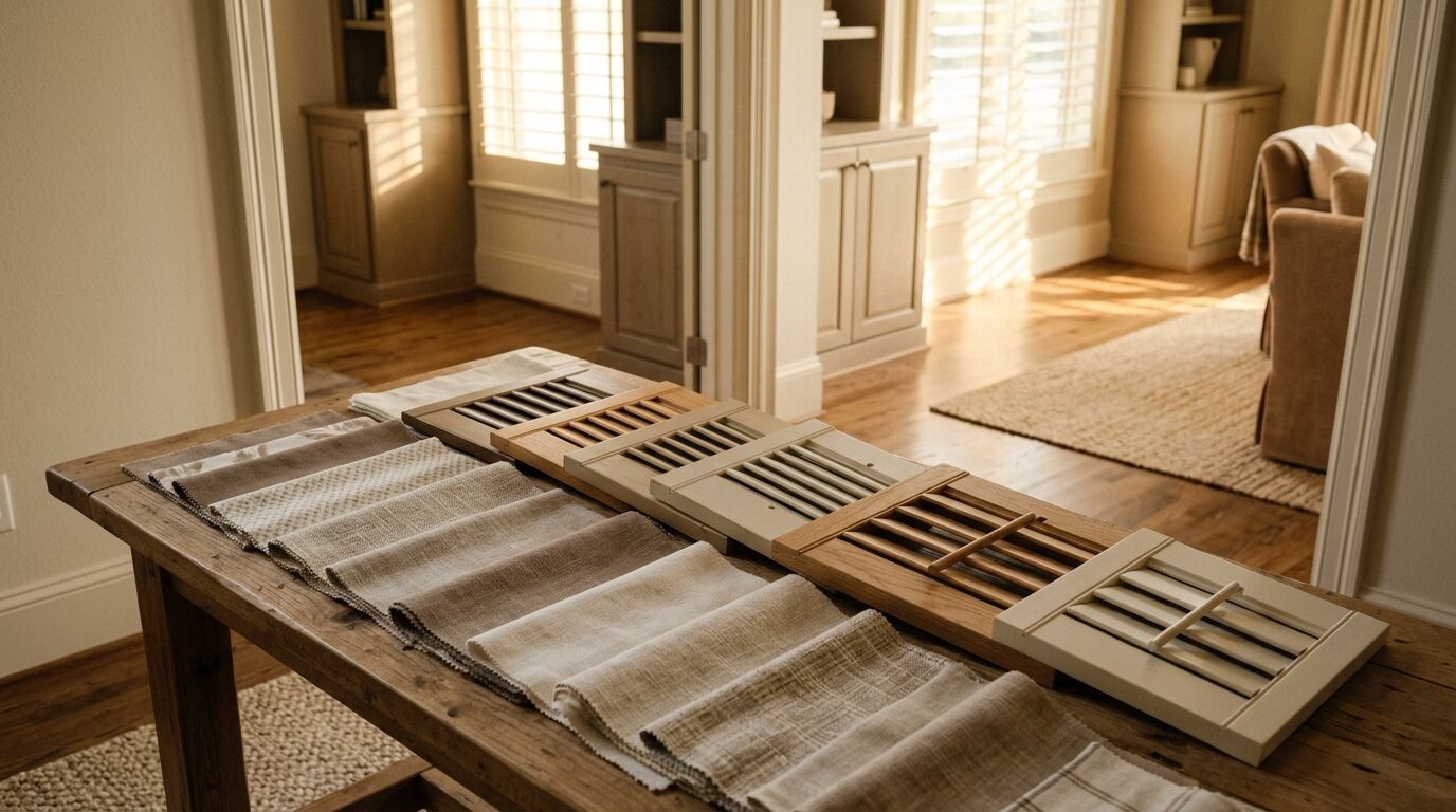 Shutter louver samples and fabric swatches laid out on a wooden table, with plantation shutters on the windows behind