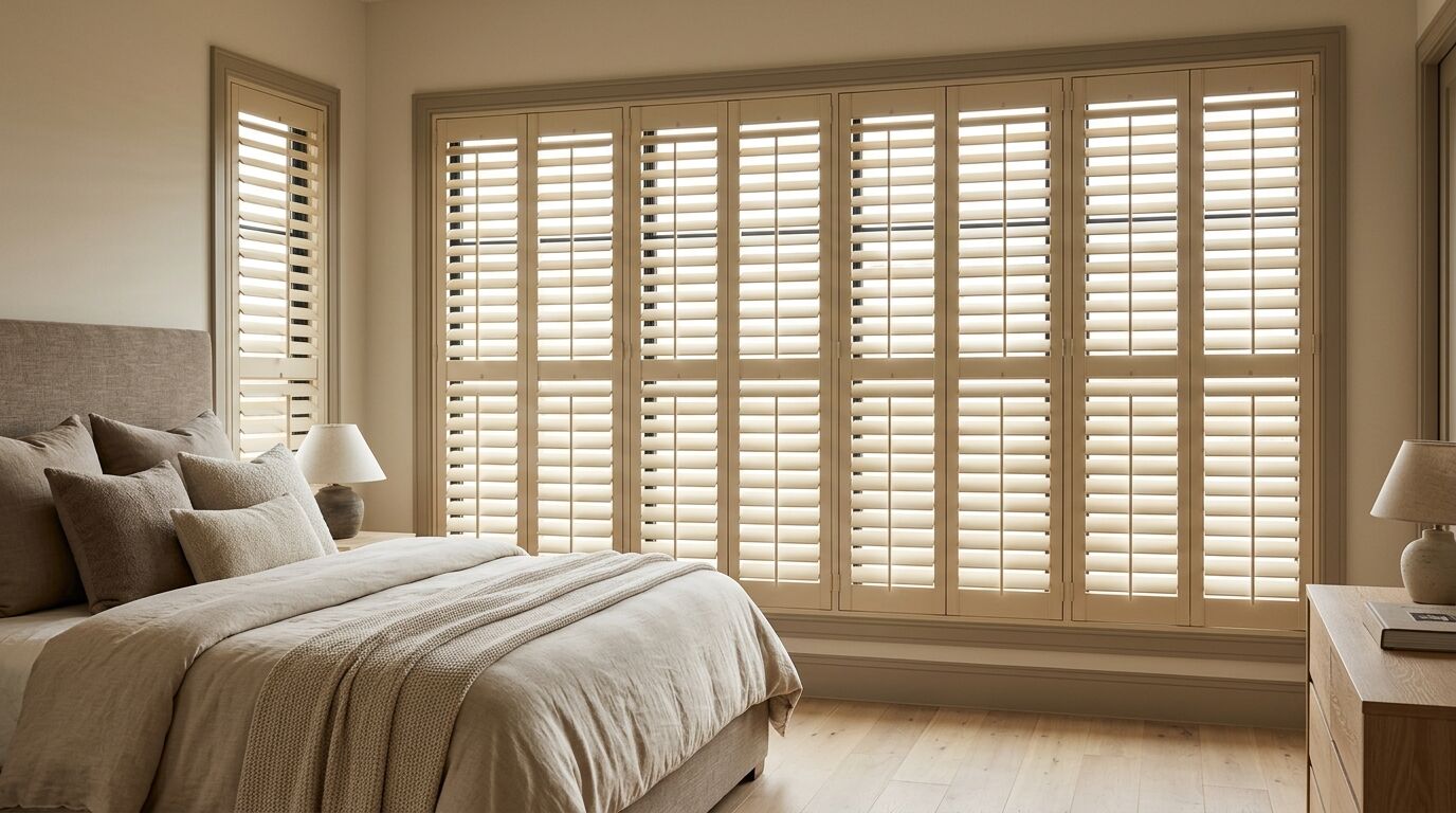 Bedroom interior with a wide bank of warm greige plantation shutters across the window wall and a matching shutter on the smaller corner window, louvers tilted open