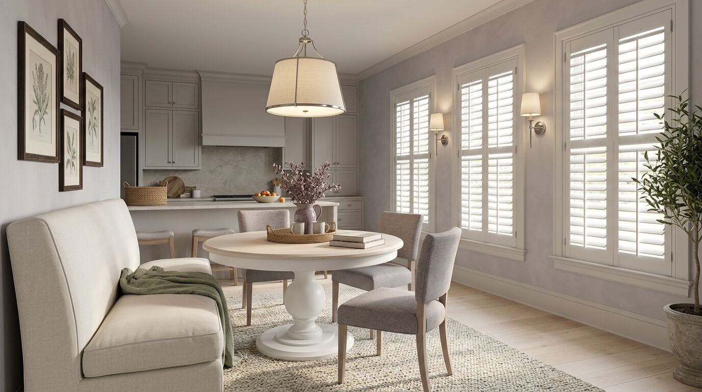 Breakfast nook with a cream upholstered banquette and a round white pedestal table with grey chairs, three matching tall windows along the right wall fully covered by white plantation shutters with louvers tilted open, lit wall sconces, a linen pendant, and a grey cabineted kitchen with a stone backsplash beyond, in soft lavender-grey walls