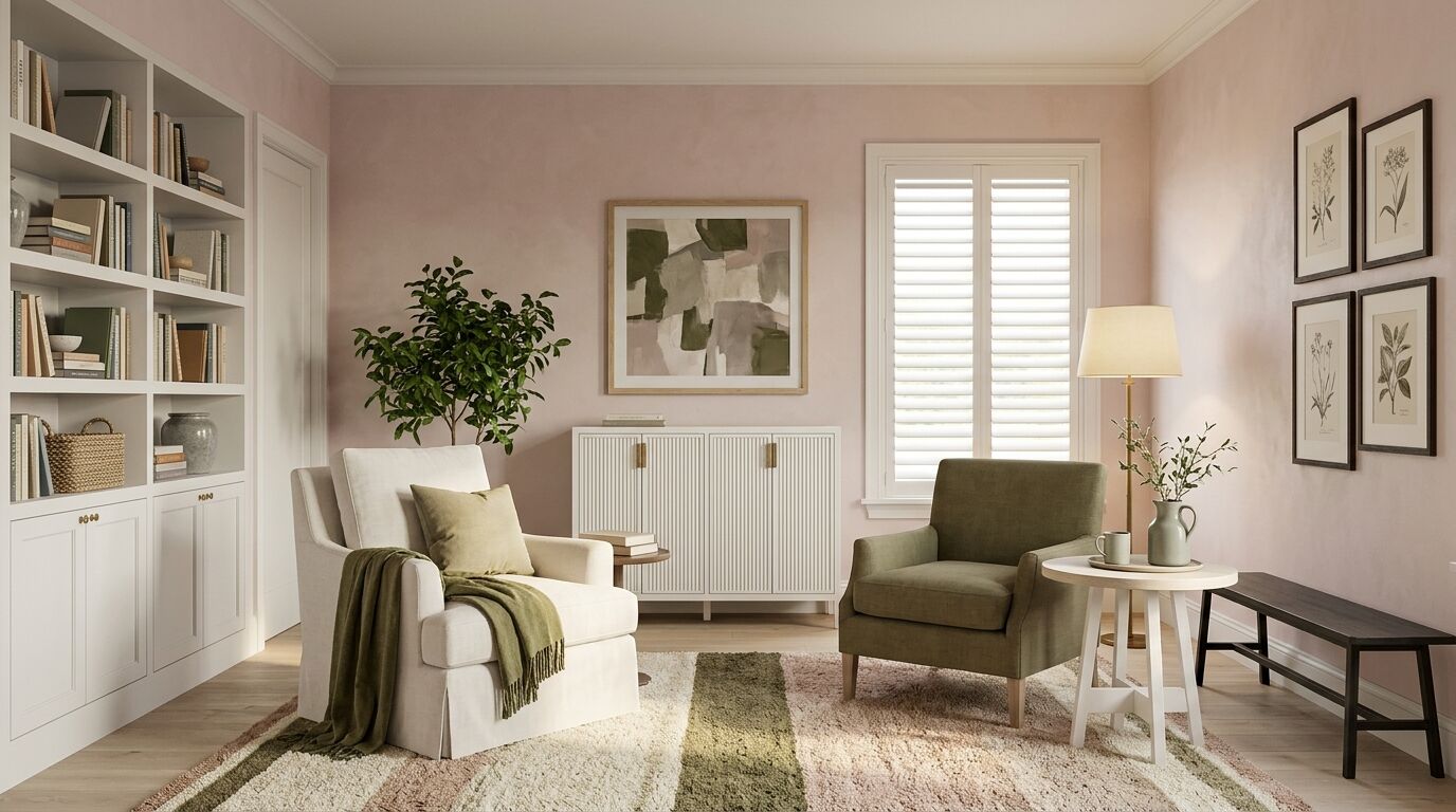Sitting room with dusty plaster pink walls, a cream slipcovered armchair with an olive throw, an olive green armchair beside a white side table, a fluted white cabinet, built-in white bookshelves, and white plantation shutters with open louvers on the window